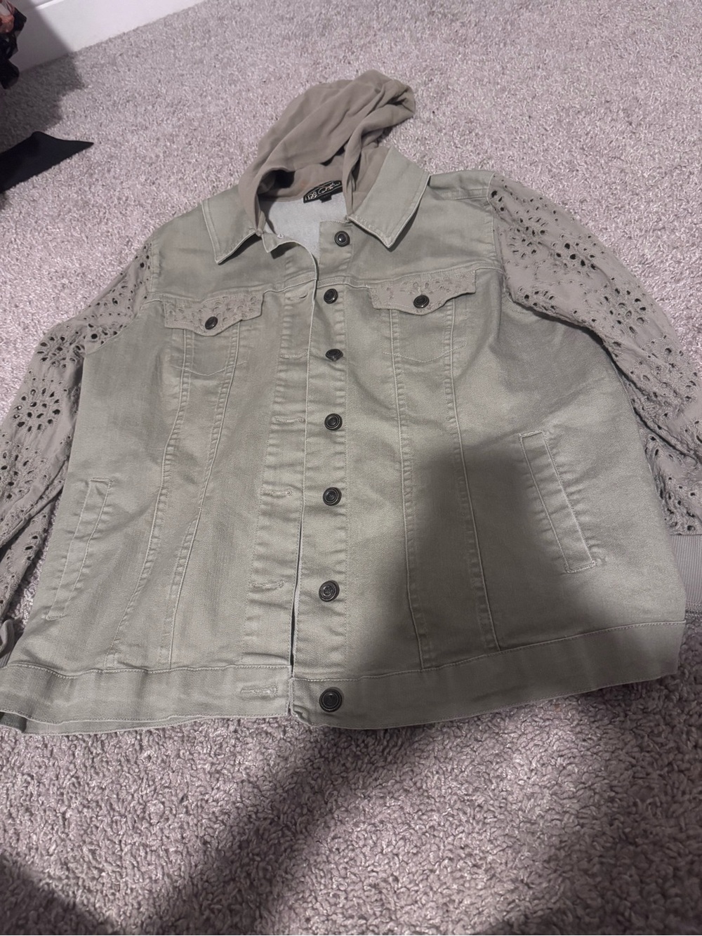 Diane Gilman Distressed Hooded Denim Jacket - Olive great condition